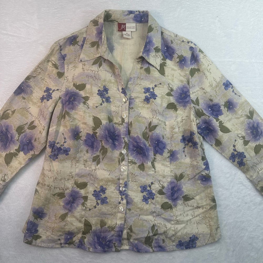 JM Collection Button Up Shirt Women 14 Tan Purple Floral 100% Linen Script Print